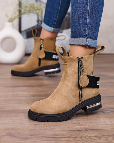 Royalfashion Cizme maro din eco-suede maro cu curea și fermoare Redmisala