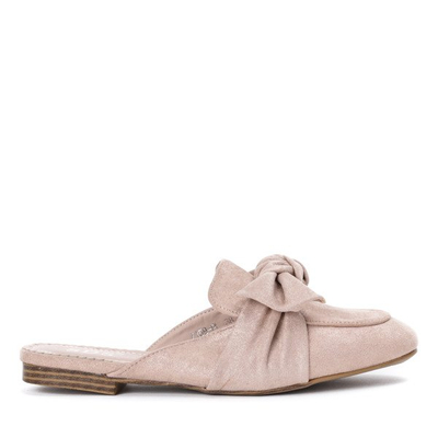 Różowe klapki z eko - zamszu z kokardką Lourdes - Obuwie