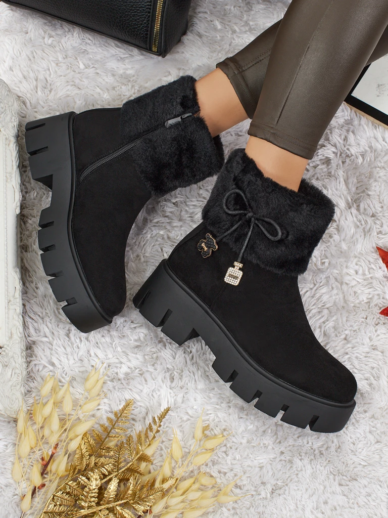 Botine înalte de damă din piele ecologică întoarsă cu blană Vernaya