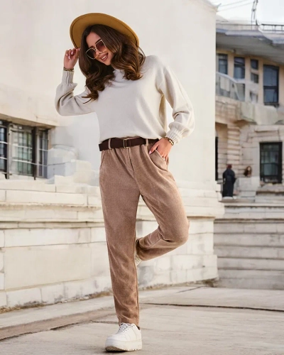 Royalfashion Pantaloni simpli pentru femei, asemănători cu catifeaua