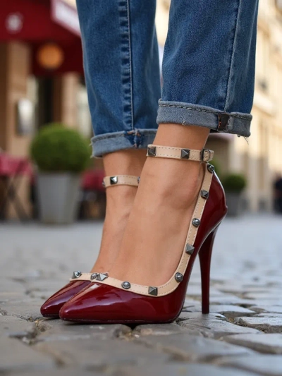 Pantofi stiletto din piele patent pentru femei cu ținte Qoscalle