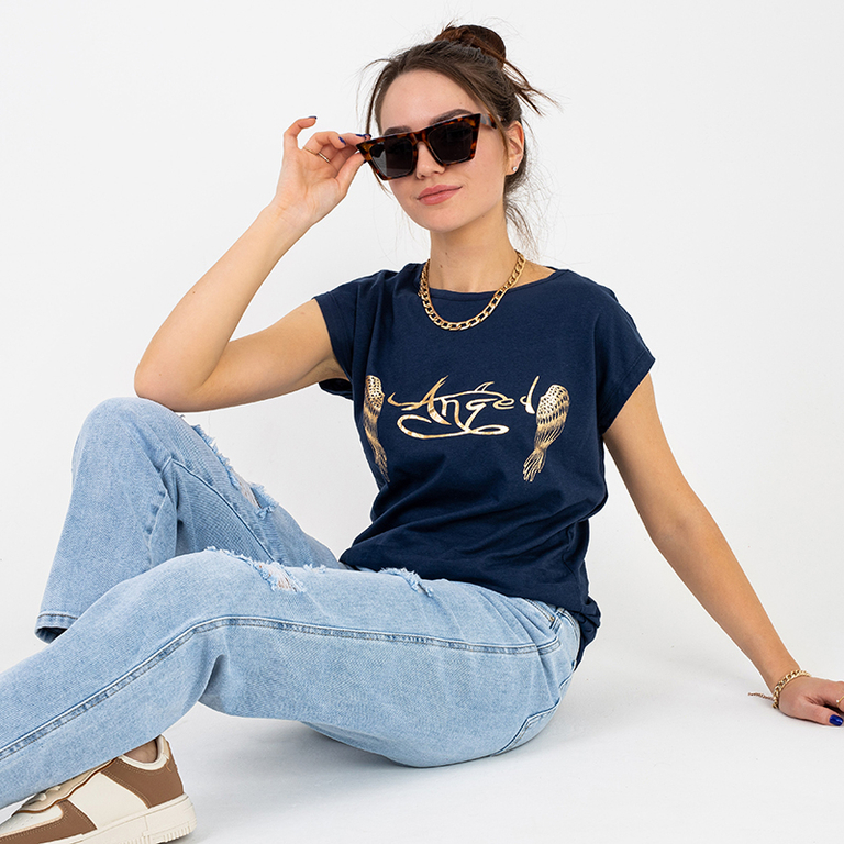 Tricou de damă cu imprimeu auriu și inscripție în culoarea bleumarin - Îmbrăcăminte