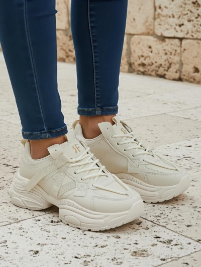 Sneakers bej pentru femei Platina Roma cu toc plat din piele ecologică 5 cm