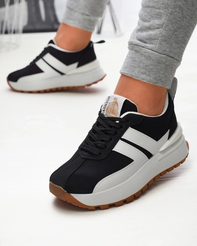 Pantofi sport pentru femei din piele ecologică de culoare neagră, cu inserții colorate Tifora- Footwear