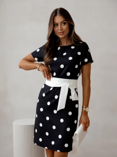Rochie lungime genunchi pentru femei Royalfashion, cu mâneci scurte și cravată cu buline