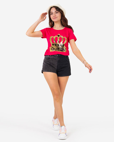 Tricou de damă fucsia cu coroană și paiete - Îmbrăcăminte
