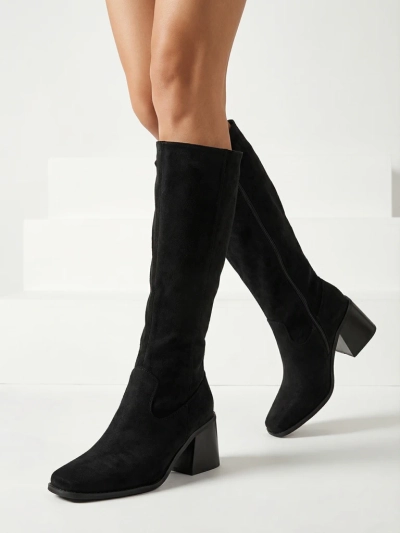 Cizme de damă din piele ecologică întoarsă, cu toc gros, Ernala