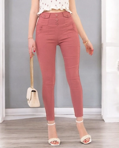 Treggings de damă roz cu nasturi - Îmbrăcăminte