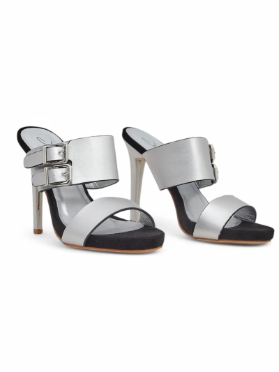 Sandale Aletheia argintii cu toc stiletto de 12 cm din piele ecologică cu curele