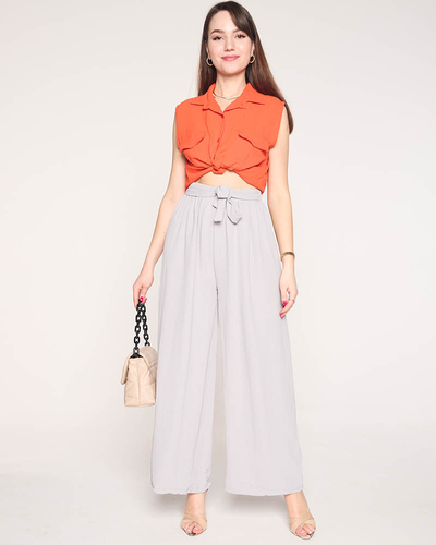 Pantaloni palazzo largi de damă în gri deschis - Îmbrăcăminte