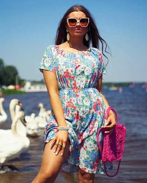 Royalfashion Rochie mini florală pentru femei a'la hiszpanka în albastru