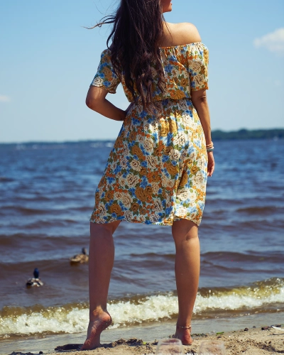 Royalfashion Rochie mini florală pentru femei a'la hiszpanka în bej