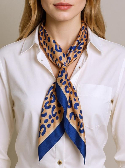 Apollonia women's silk scarf beige and navy blue, fashionable prints 69x66 cm