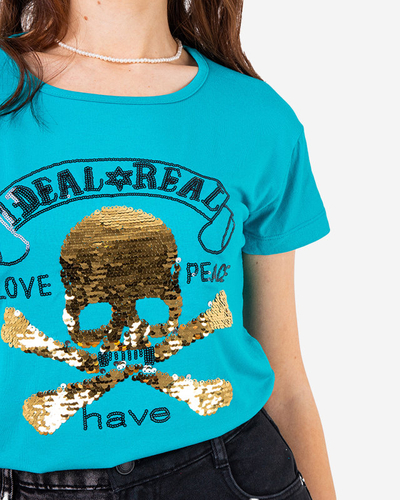 Tricou damă albastru din paiete cu inscripții - Îmbrăcăminte