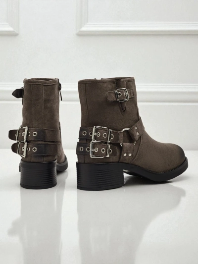 Botine de damă din piele ecologică întoarsă cu catarame Valtos