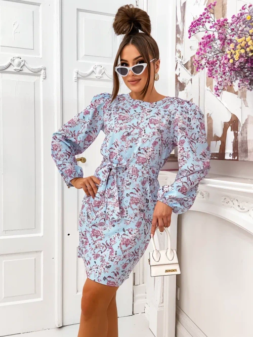 Rochie mini floral pentru femei cu mâneci bufante și curea