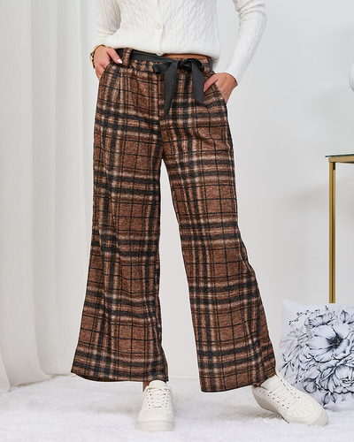 Royalfashion Camel Pantaloni largi pentru femei cu carouri