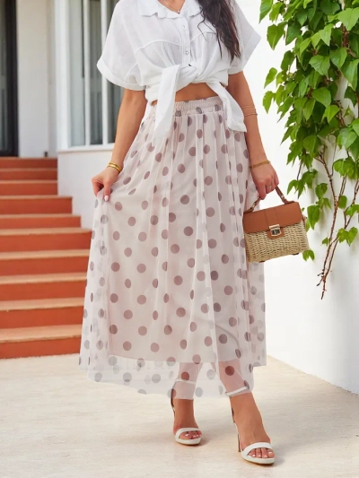 Fustă midi din viscoză pentru femei Royalfashion cu buline din tul