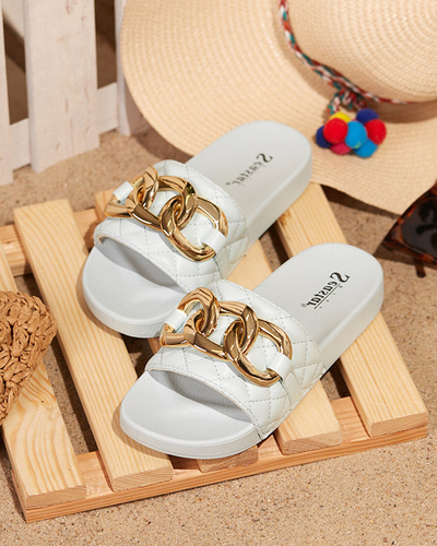 OUTLET Papuci de dama albastri matlasati cu lant auriu Eteris - Incaltaminte