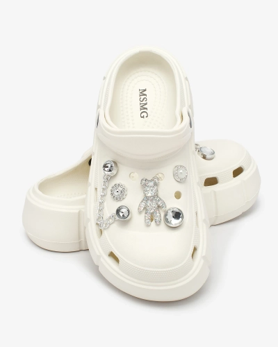 Royalfashion Șlapi de damă albi, ajurați, cu ornamente de zirconiu Afuccia