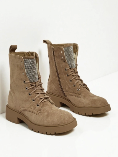 Botine de damă Ferlyne din piele ecologică de căprioară cu șireturi