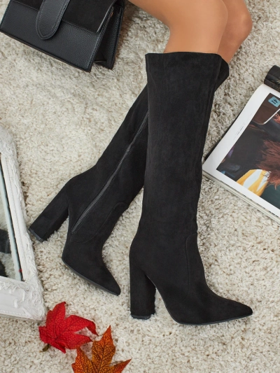 Cizme de damă din piele ecologică întoarsă cu toc gros Feravi