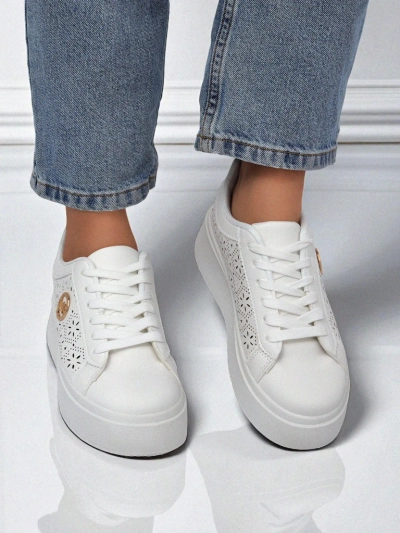 Sneakers damski Aelia Royalfashion pe platformă albi ajour ecru