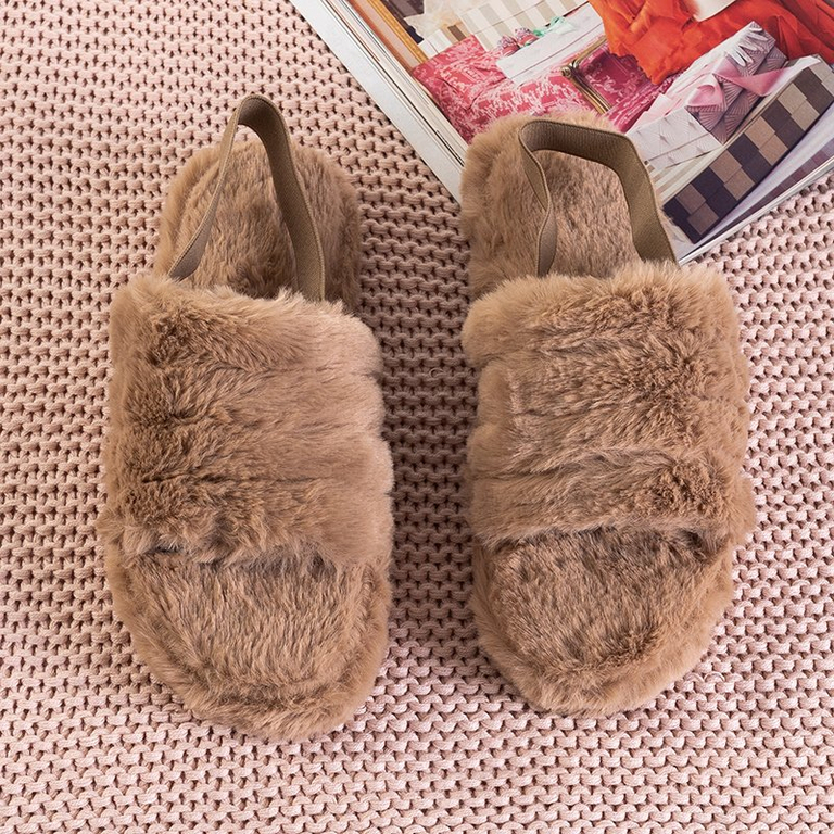 Papuci de blană pentru femeie, maro deschis, pentru bărbați