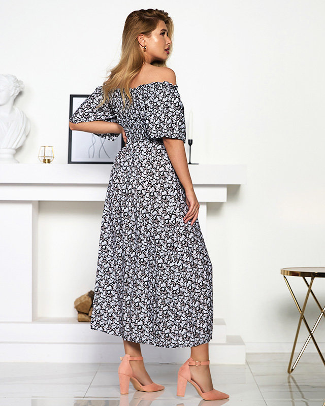 Rochie maxi alb-negru cu model floral - Îmbrăcăminte