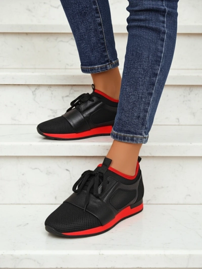 Sneakers de damă Artemida Nero din material textil și piele ecologică cu accent roșu