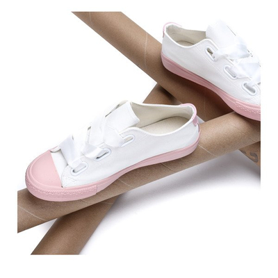 Biało-różowe trampki wiązane wstążką Larissa - Obuwie