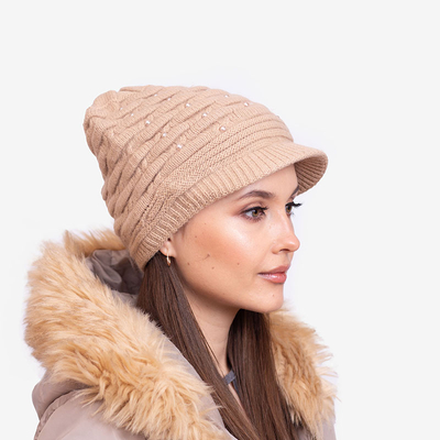 Palarie calda de dama bej cu perle - Accesorii
