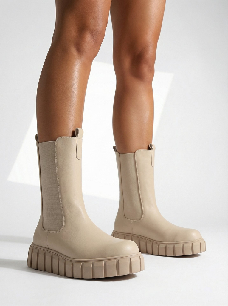 Royalfashion Cizme cu toc înalt plat de damă în ecru Elicane