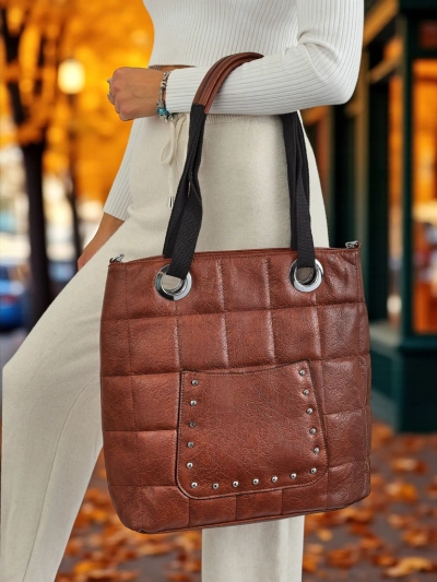 Calista brown eco-leather handbag with studs 41x35 cm
