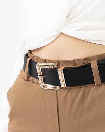 Cureaua neagra de dama cu catarama aurie cu zirconiu cubic - Accesorii