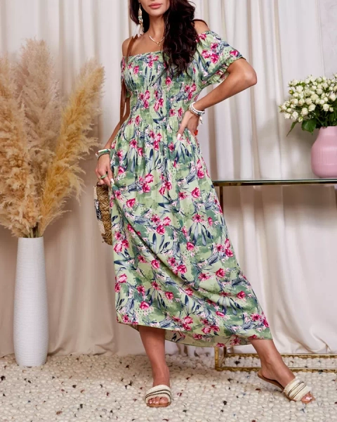 Rochie midi florală verde de damă - Îmbrăcăminte