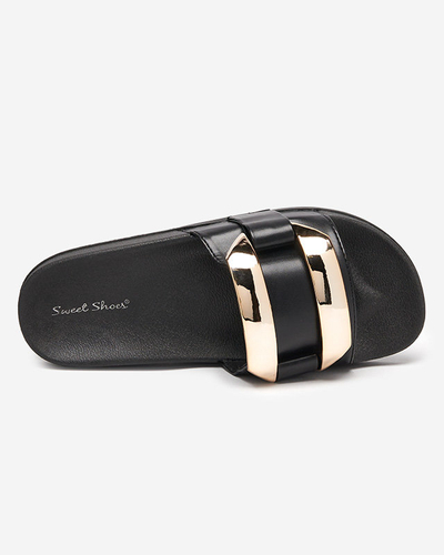 OUTLET Papuci de dama negri cu ornament auriu Serina - Incaltaminte