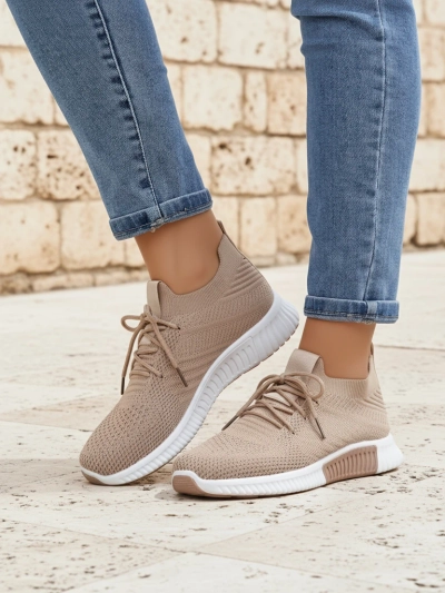 Sneakers de damă Aristea maro deschis toc plat material textil 3 cm