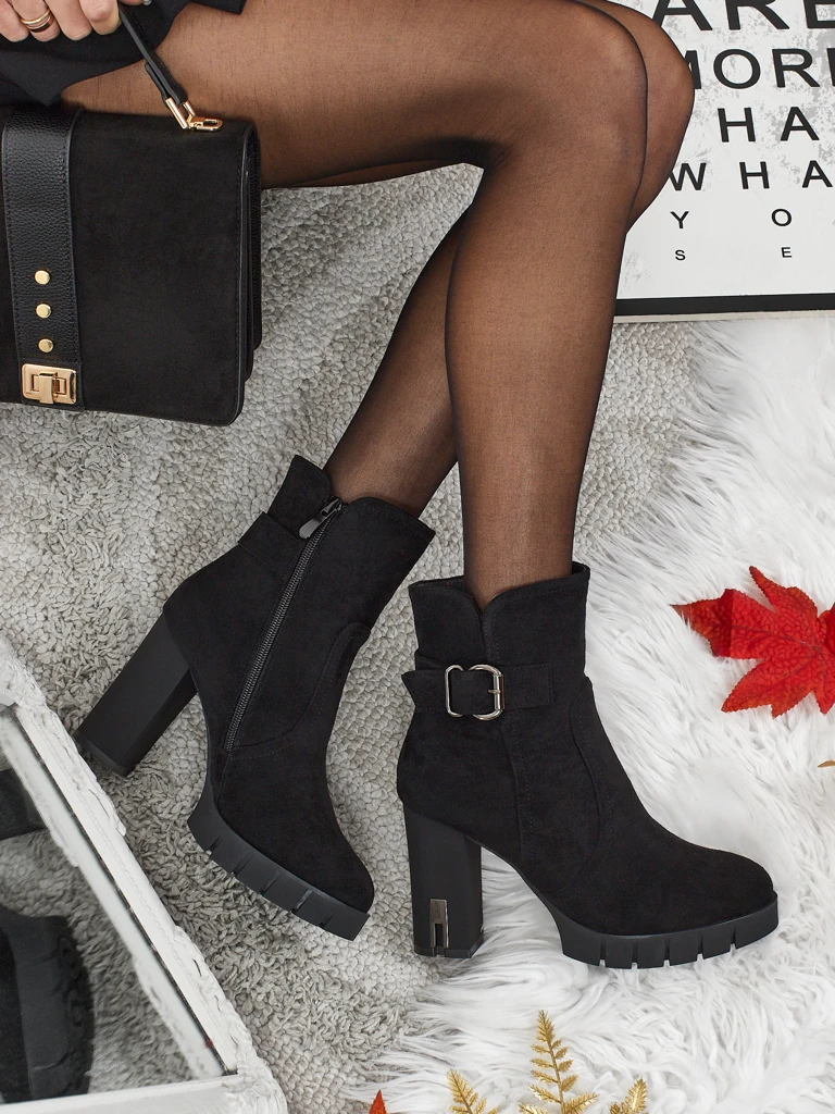 Botine de damă eco piele întoarsă cu toc gros Liravie