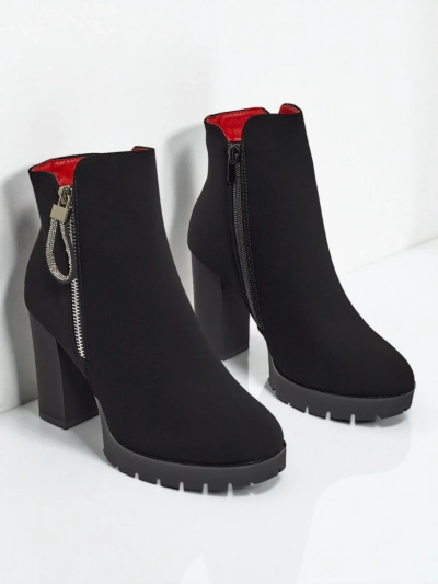 Botine de damă din piele ecologică cu toc gros Marellin