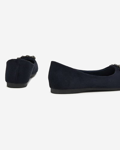 Balerini de dama din piele intoarsa ecologica albastru bleumarin cu ornament Linselisa - Pantofi