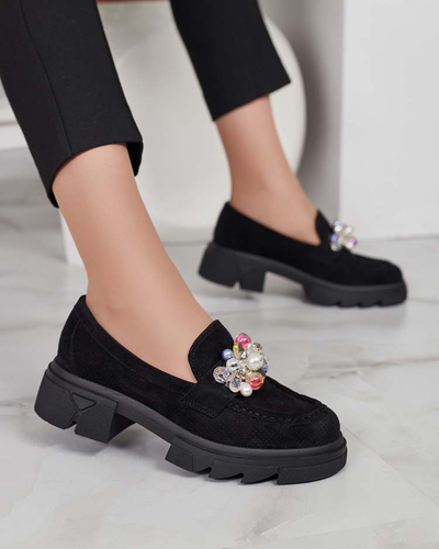 Royalfashion Mocasini negri de damă cu cristale colorate Glam