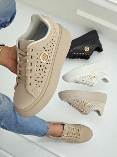 Cleo Ecru Platino – sneakers bej pe platformă Royalfashion piele ecologică