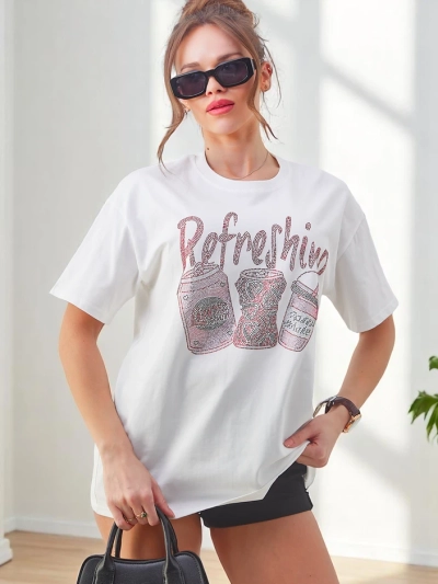 Royalfashion tricou de femei din bumbac cu imprimeu din strasuri