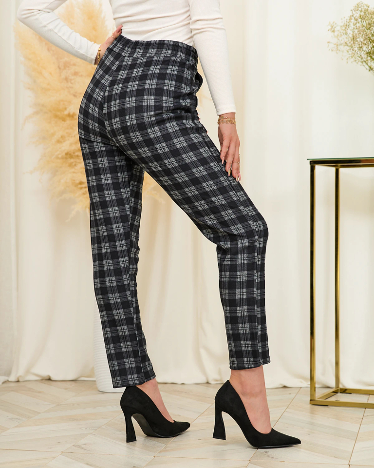 Royalfashion Pantaloni cu carouri gri din țesătură largă pentru femei negre