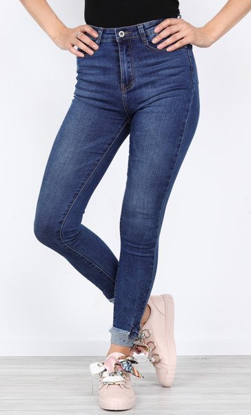 Długie, ciemnoniebieskie jeansy z cyrkoniami Alison- Spodnie