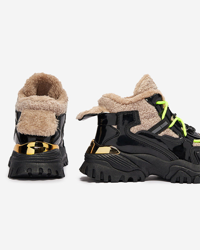 Pantofi sport de damă negri cu blană și șireturi galben neon Adbo- Footwear