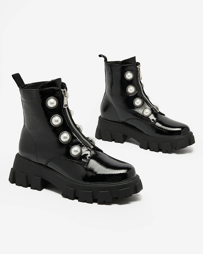 Royalfashion Cizme cu perle lăcuite pentru femei negre Asiciu