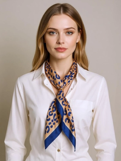 Apollonia women's silk scarf beige and navy blue, fashionable prints 69x66 cm