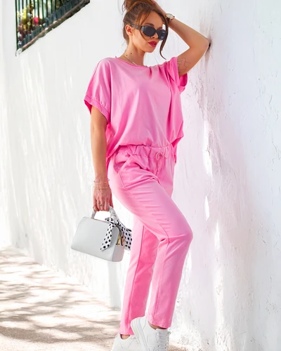 Set de bumbac Royalfashion pentru femei cu mâneci scurte și pantaloni drepți